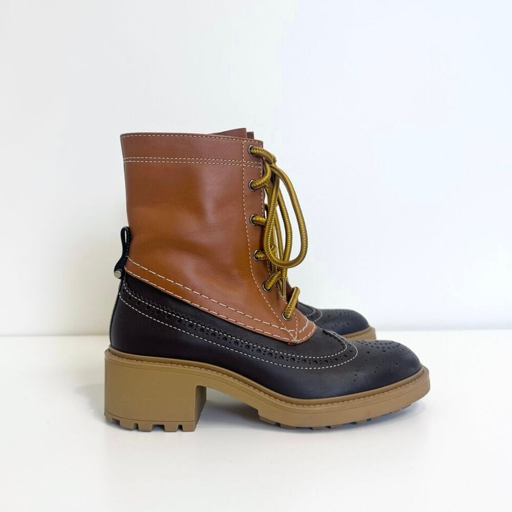 CHLOE Brown Tan Leather Wing Tip Mid Calf Work Boots 38 Block Heel Rubber Sole